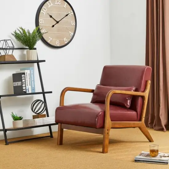 Glitzhome® Mid-Century Faux Leather Accent Chair Burgundy {3}