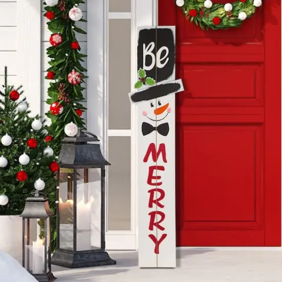 Glitzhome&reg; 42" Be Merry Wooden Snowman Porch Sign {3}