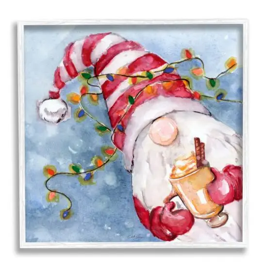 Stupell Industries Santa Gnome Holiday Lights Framed Giclee Art White {1}