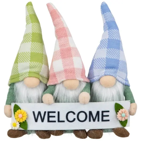 7" Pastel Pink & Green Gnome Trio with Welcome Banner Spring Table D&eacute;cor {1}