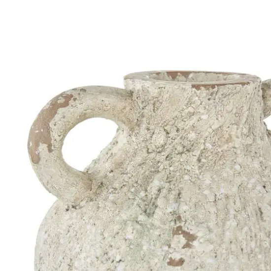 15.5" Cream Magnesium Oxide Antique Textured Amphora Decorative Vase with 2 Small Handles {7}