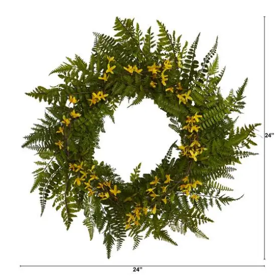 24" Mixed Fern & Forsythia Artificial Wreath {3}