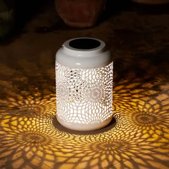 Glitzhome&reg; 9" Cutout Metal Solar Powered Outdoor Hanging Lantern White {3}