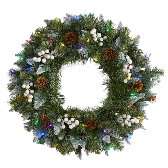 24" LED Snow Tipped Pinecone & White Berry Wreath {1}
