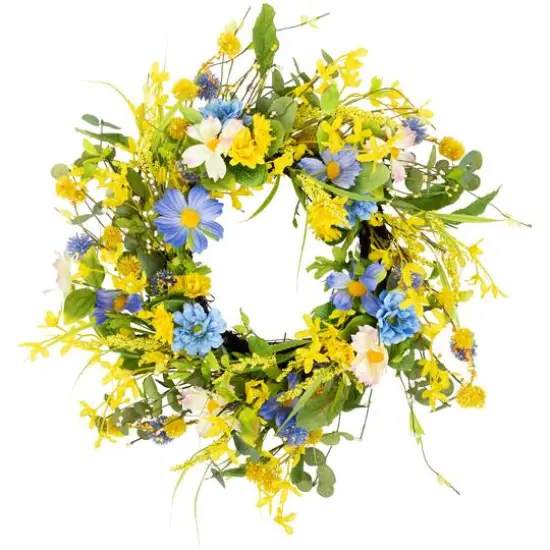 24" Yellow & Blue Daisy & Cosmos Floral Spring Wreath {1}