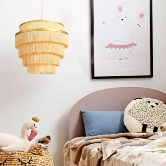 Hello Honey&reg; Gold Metal with 5-Tiered Cream Fringe Pendant Lamp {5}