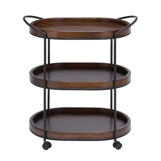 3-Tier Brown Pine & Metal Traditional Bar Cart {1}