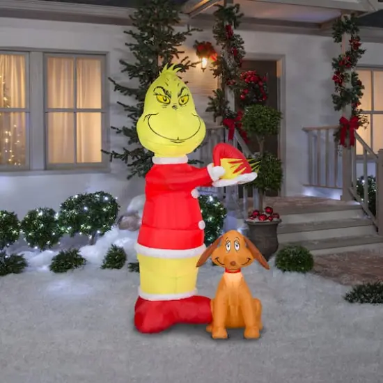 Airblown Dr. Seuss Animated Grinch Putting Santa Hat On Max {3}
