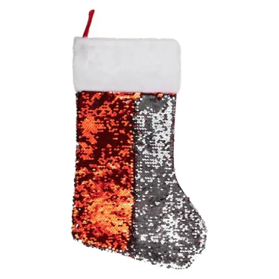 19" Red & Silver Sequin Christmas Stocking with White Faux Fur Cuff {4}