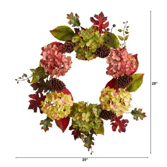 25" Hydrangea & Pinecones Fall Artificial Wreath {3}