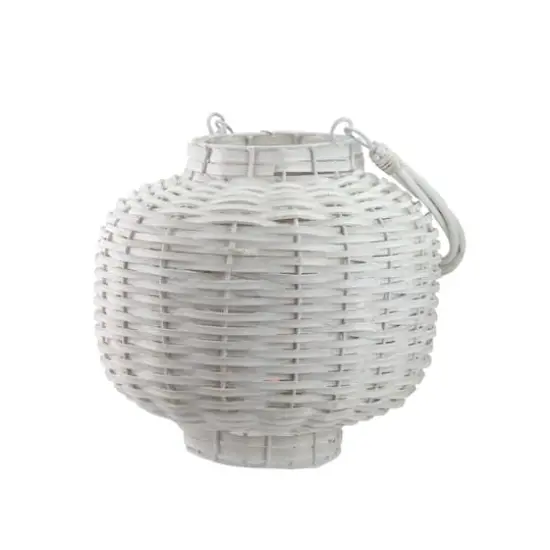 17.5" Beach Day Woven Wood Pillar Candle Lantern, White {4}