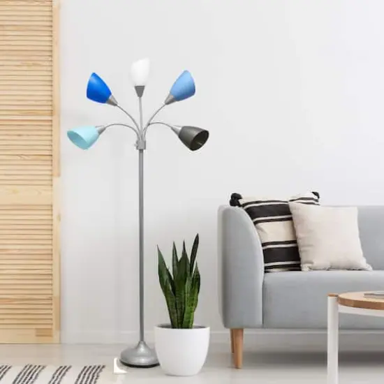 Simple Designs&trade; 5.6ft. 5-Light Gooseneck Silver Floor Lamp Silver White Gray and Blue Shades {6}