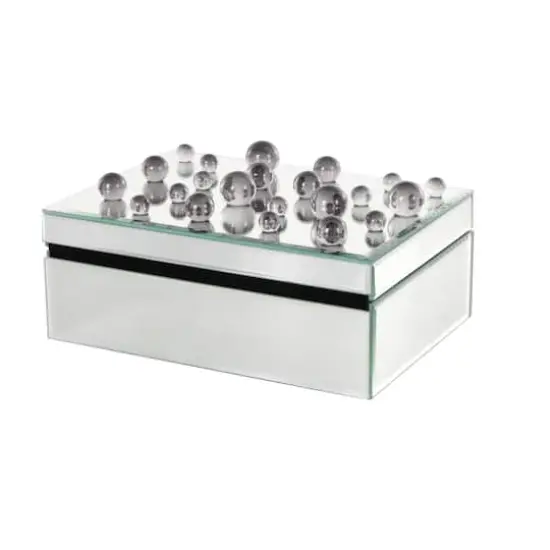 9.75" x 7" x 4.75" Silver Glass Mirrored Decorative Jewelry Box with Black Bubble Textured Balls {8}
