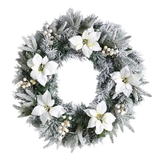 24" White LED Lights Flocked Poinsettia & Pine Artificial Christmas Wreath {4}