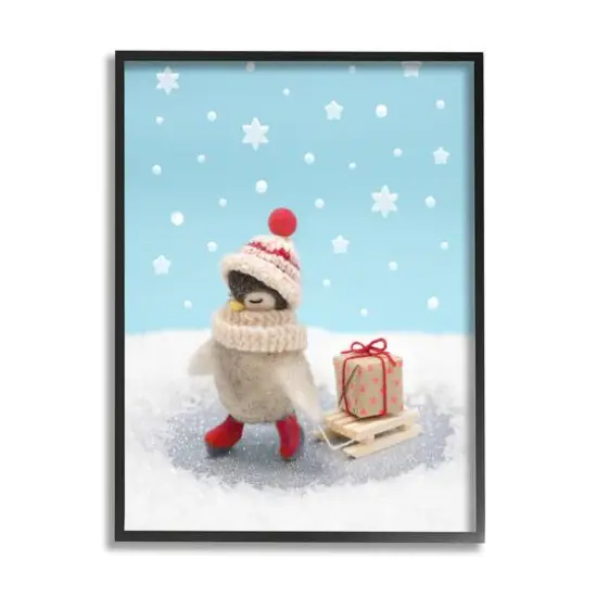 Stupell Industries Penguin Christmas Present Sled Framed Giclee Art Black {1}
