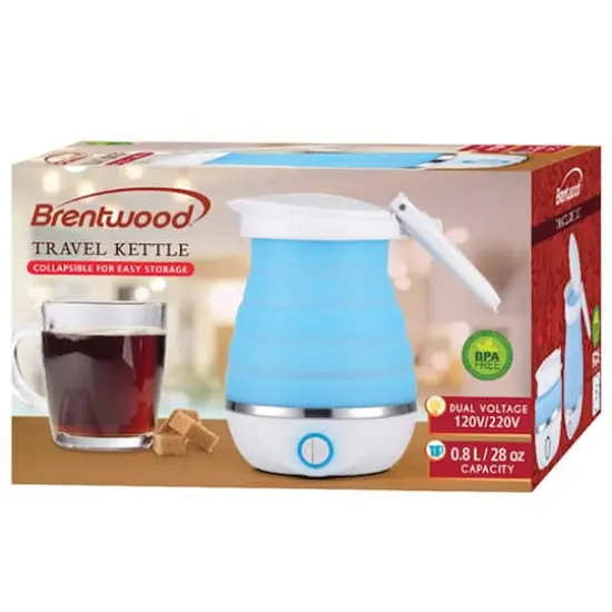 Brentwood Blue 0.85qt. Dual-Voltage Collapsible Travel Kettle {8}