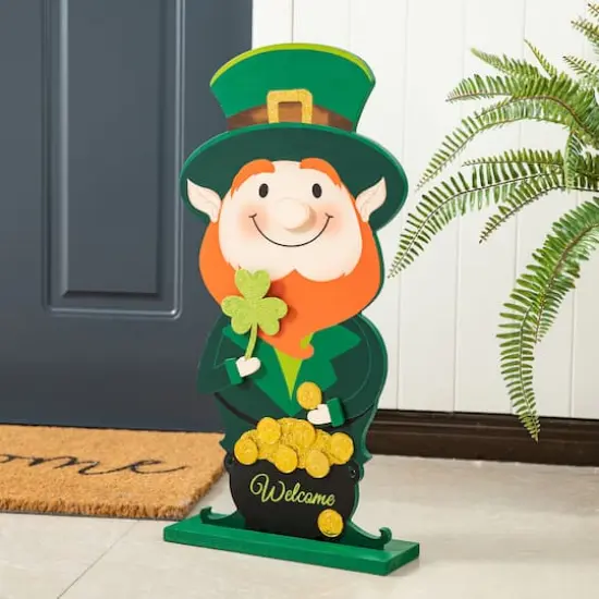 Glitzhome® 23.5" St. Patrick's Wooden Leprechaun Pot of Gold Porch Décor {3}