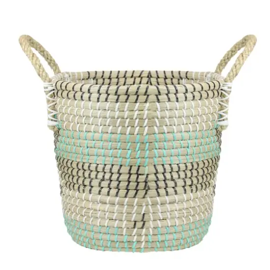 12" Natural Woven Seagrass Basket with Teal, Black & White Accents {1}