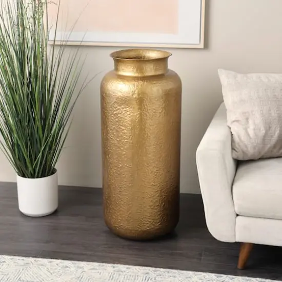 Gold Metal Tall Textured Hammered Floor Vase {3}
