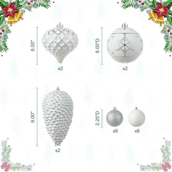 Glitzhome&reg; 18 Pack Elegant Silver Deluxe Large Shatterproof Ornaments {9}