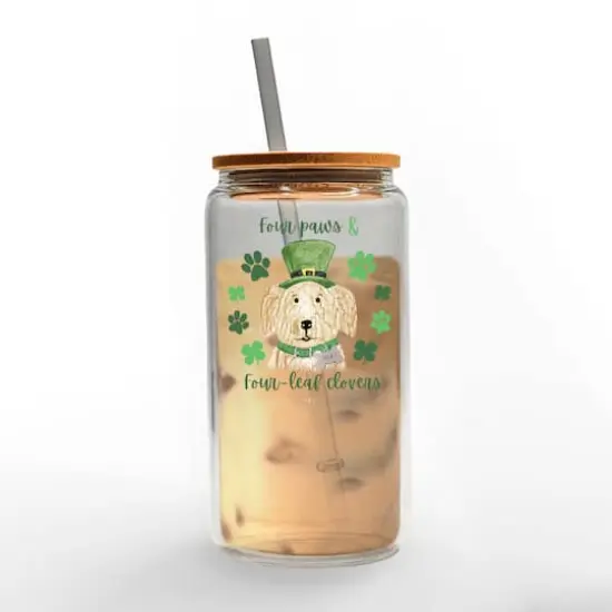 16oz. Four Paws Four Leaf Clover Glass Can Cup {3}