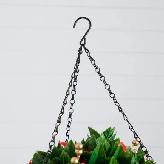 24in. Pre-Lit UV Resistant Artificial Red Tip Photinia & Gold Berries Christmas Hanging Basket with 34 Warm White LED Lights (Indoor/Outdoor) {8}