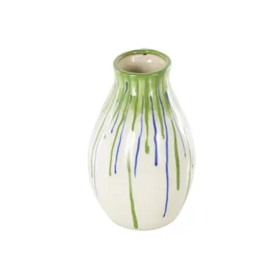 11" White, Green & Blue Drip Design Ceramic Vase with Handle {4}