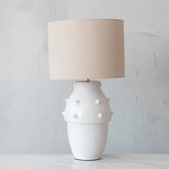 Hello Honey&reg; 30" Ivory Modern Stoneware Table Lamp with Raised Dot Design and Fabric Shade {3}
