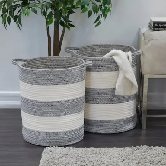 Gray Cotton Handmade Striped Storage Basket with Handles Set of 2 19", 19" {7}