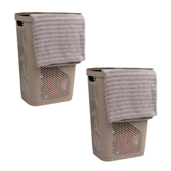 Mind Reader 60L Ventilated Slim Laundry Hamper with Cut Out Handles & Hinged Lid, 2ct. Tan {1}