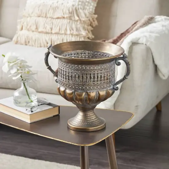 12" Bronze Metal Urn Shaped Vase with Cut Outs {9}