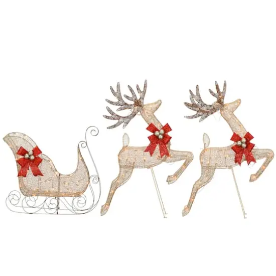 Champagne Reindeer and Sleigh with Clear Lights Decoration {1}