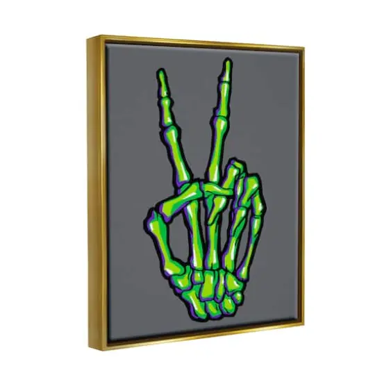 Stupell Industries Green Skeleton Peace Hand Framed Floater Canvas Wall Art {4}
