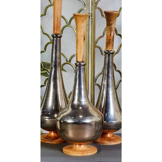 24" Silver Aluminum & Wood Contemporary Vase {6}