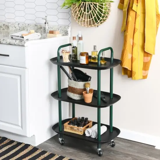 Hello Honey&reg; Main + Mesa&trade; 3-Tier Modern Plastic and Metal Trolley Black and Dark Green {3}