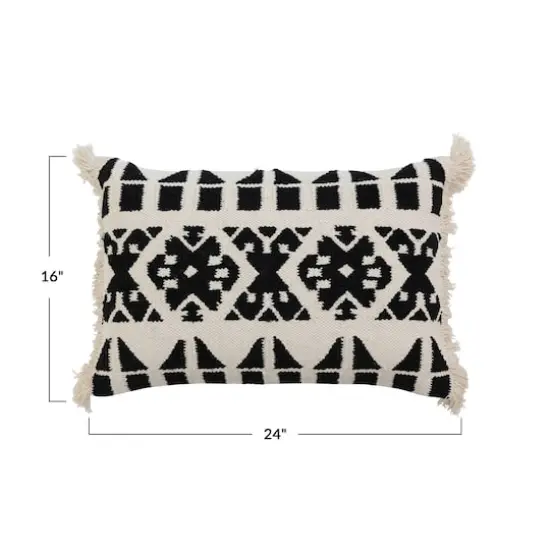 Hello Honey&reg; Black and White Handwoven Cotton Kilim Lumbar Pillow Cover with Pattern and Fringe {3}