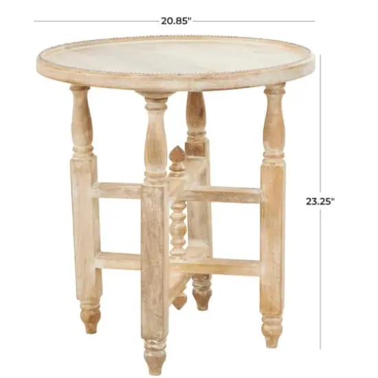 23" Cream Mango Wood Whitewashed Accent Table with Silver Beaded Rim and Turned Legs {6}