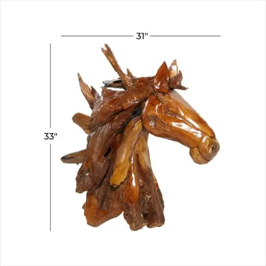 Brown Teak Wood Natural Horse Sculpture 33" x 31" x 13" {8}