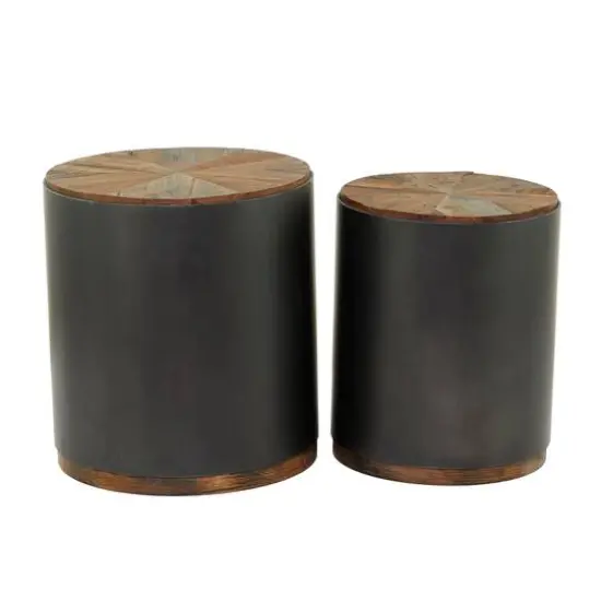 Black Metal Accent Table with Brown Wood Top Set of 2 21", 19" {1}