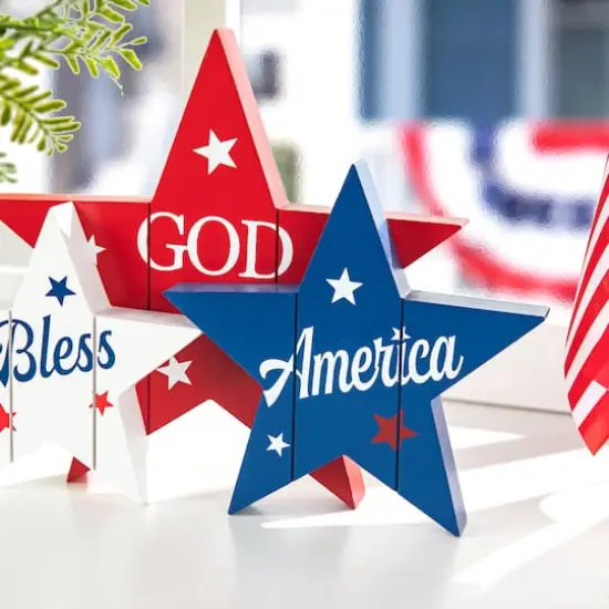 Glitzhome&reg; 11" Wooden Patriotic America Stars Table D&eacute;cor {4}
