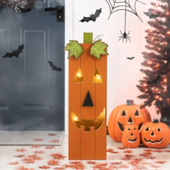 Glitzhome® 30" Lighted Halloween Wooden Pumpkin Porch Décor with Timer {11}