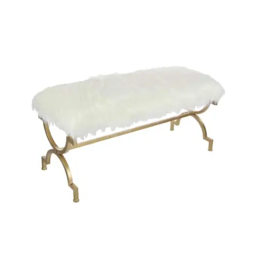 White Fur & Metal Contemporary Bench {1}