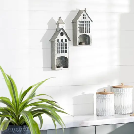 Set of 2 Grey Metal Farmhouse Candle Holder, 13", 18" {9}