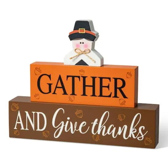 Glitzhome&reg; 9.5" Thanksgiving Wooden Pilgrim Table Block Sign {1}
