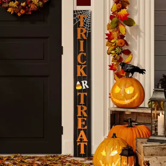 Glitzhome® Orange & Black Wooden Trick or Treat Porch Sign {3}