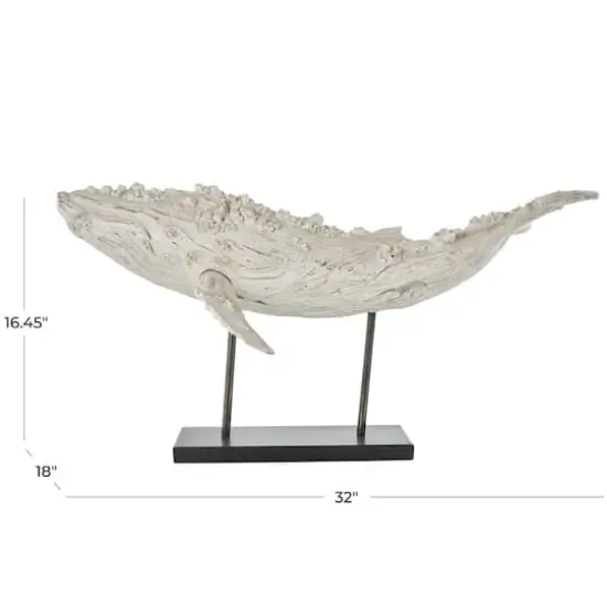 32" Cream Polystone Whale Sculpture with Brown Distressing & Black Metal Stand {9}