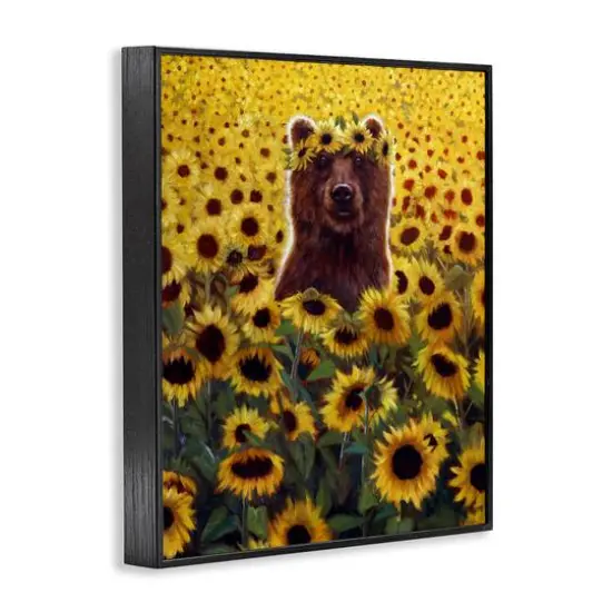 Stupell Industries Happy Bear Sunflower Field Framed Giclee Art Black {4}