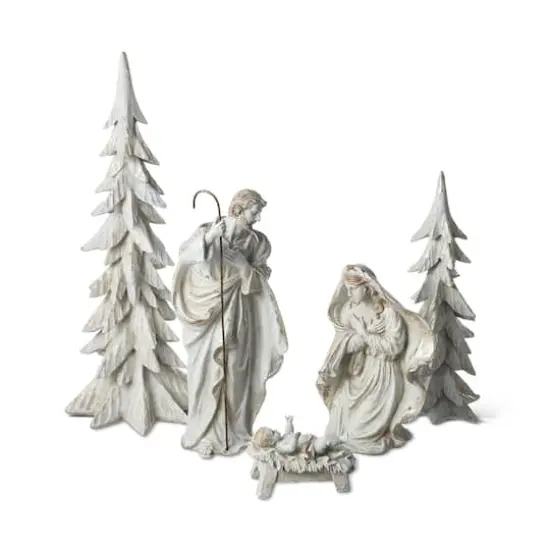 Glitzhome&reg; 5-Piece White & Gold Resin Holy Family with Christmas Trees Set {1}