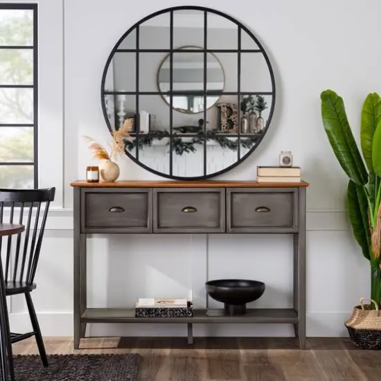 Walker Edison 52" Reclaimed Barnwood & Gray 3-Drawer Buffet Table {3}