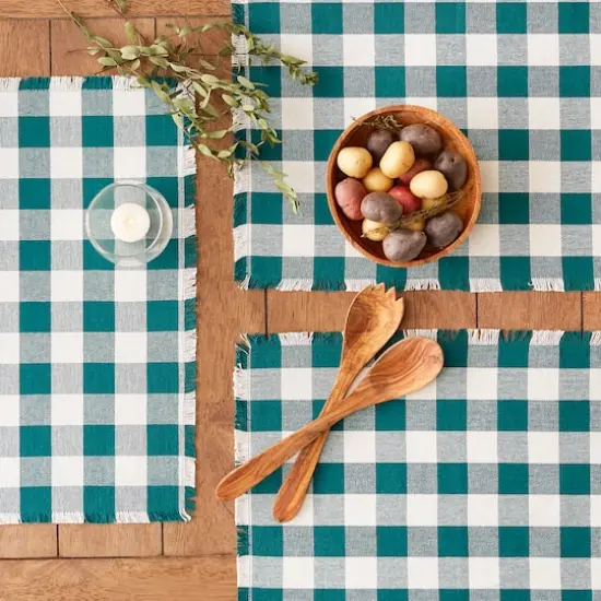 DII® Heavyweight Check Fringed Cotton Placemats, 6ct. Teal {5}